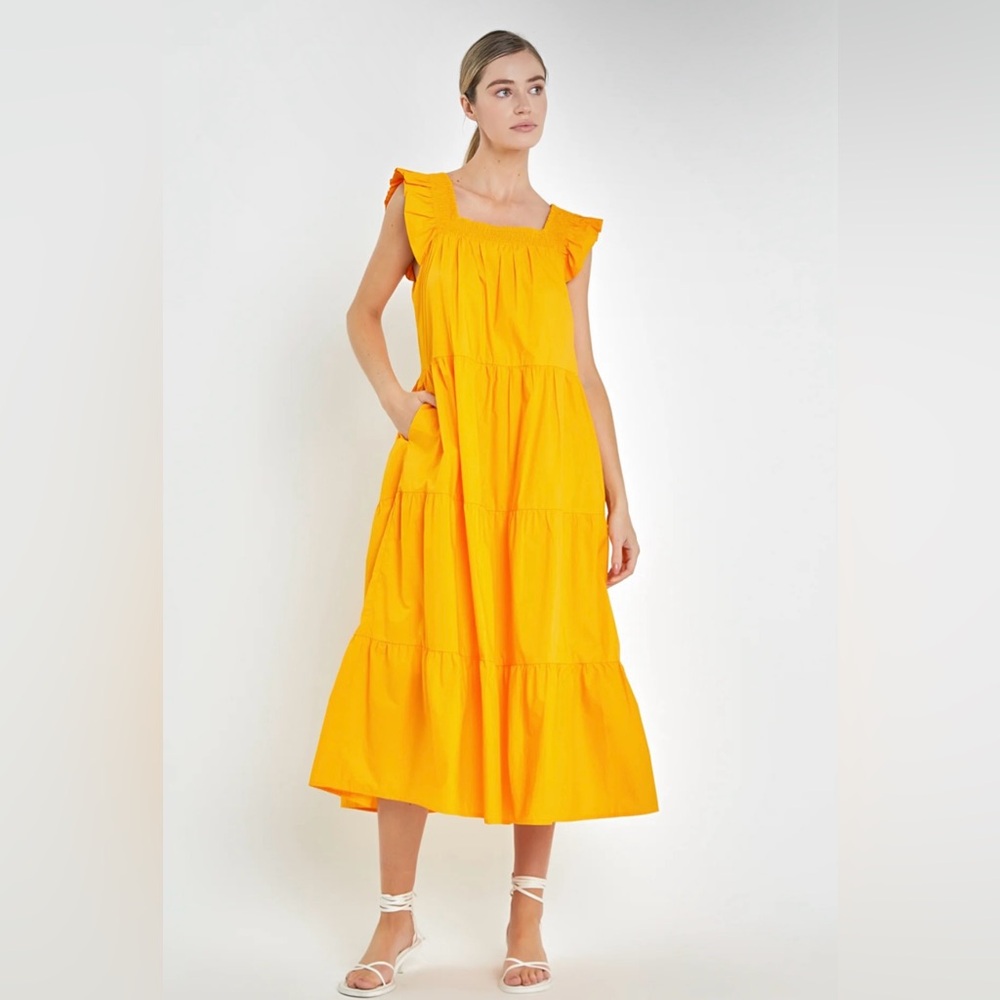 ENGLISH FACTORY SQUARE NECK RUFFLE DETAIL MIDI DRESS